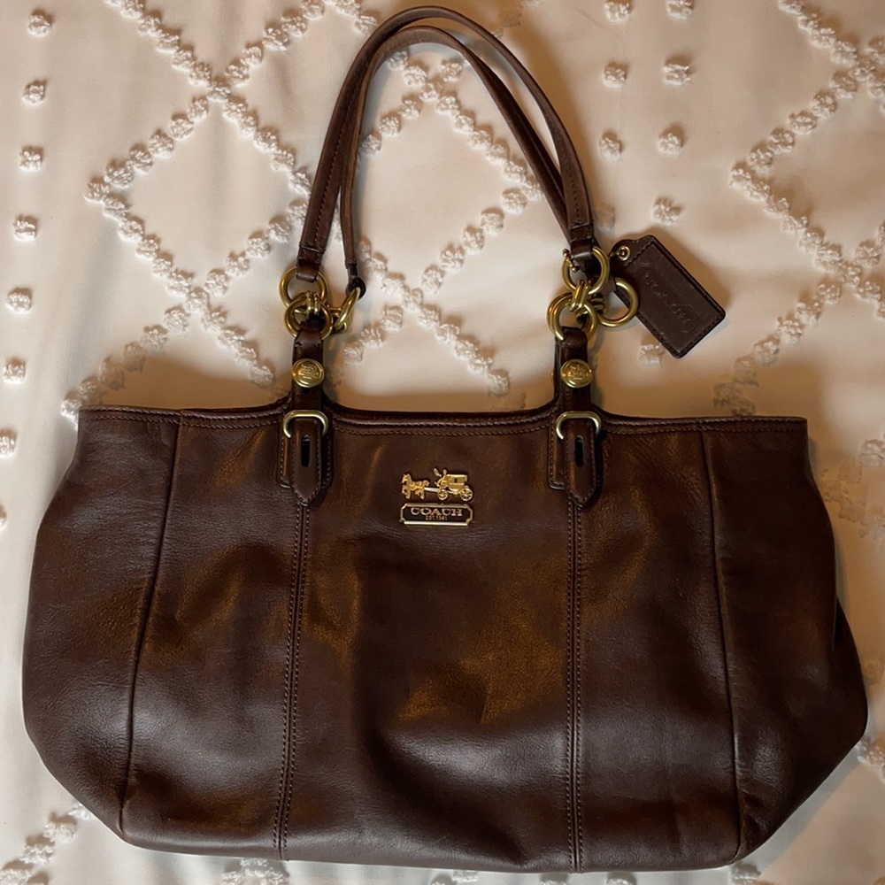 Coach Brown Leather Satchel with Green Satin Lining